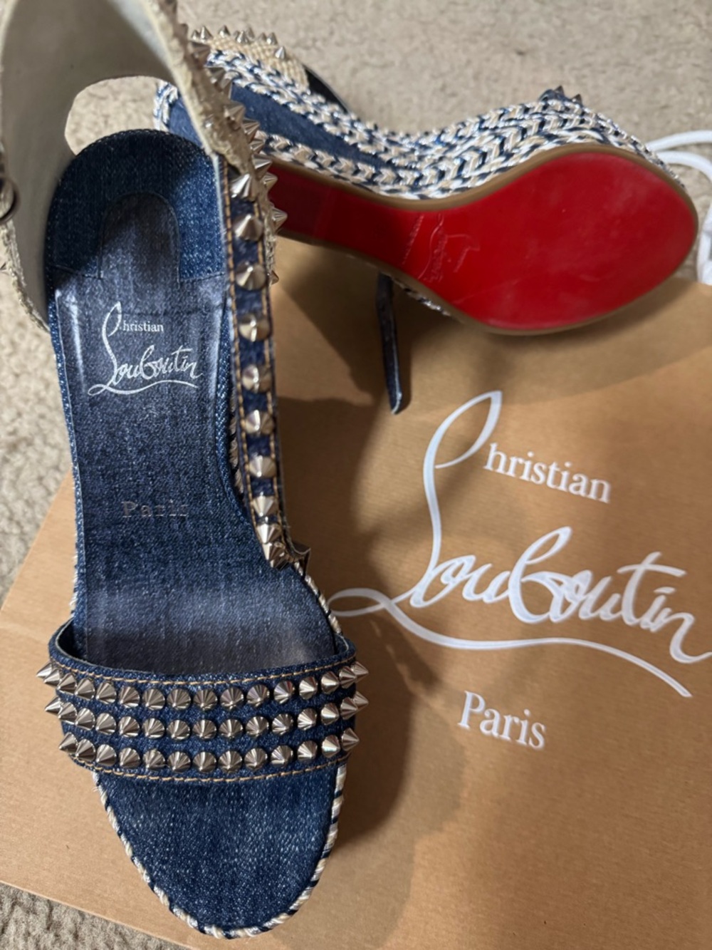 Christian Louboutin 💯% Authentic Denim Studded Espadrille Wedge Sandals -Size 38